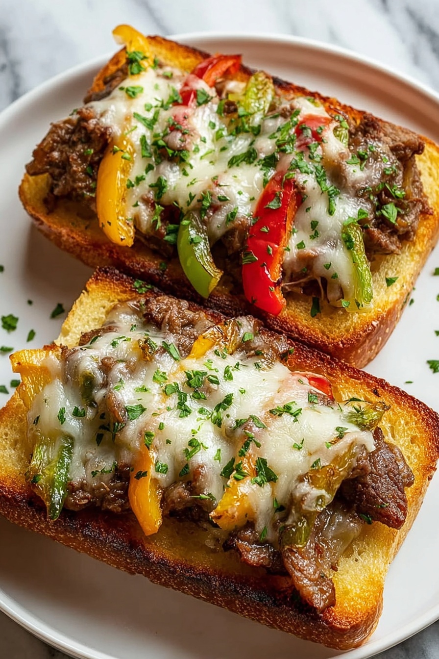 Two pieces of garlic bread with meat and cheese.