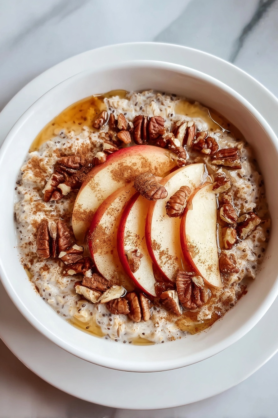 A bowl of oatmeal with sliced apples and cinnamon.