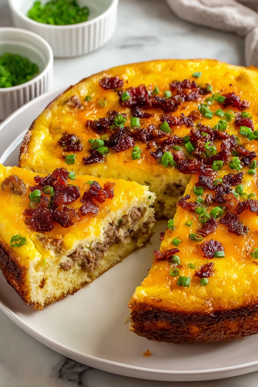 A slice of a breakfast casserole with bacon and cheese.