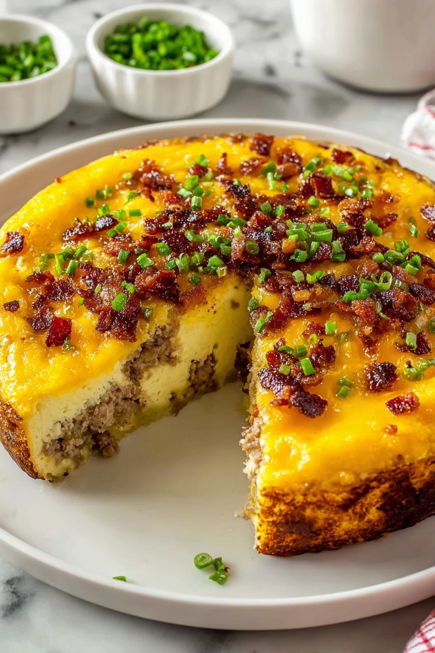 A slice of a bacon and cheese casserole.