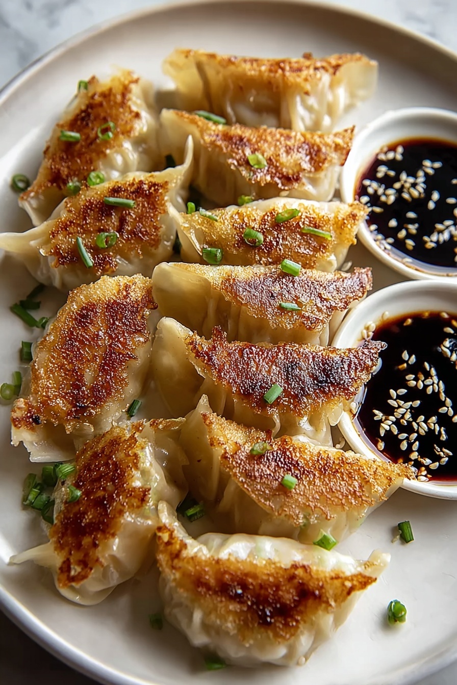Crispy pan-fried dumplings with sauce.