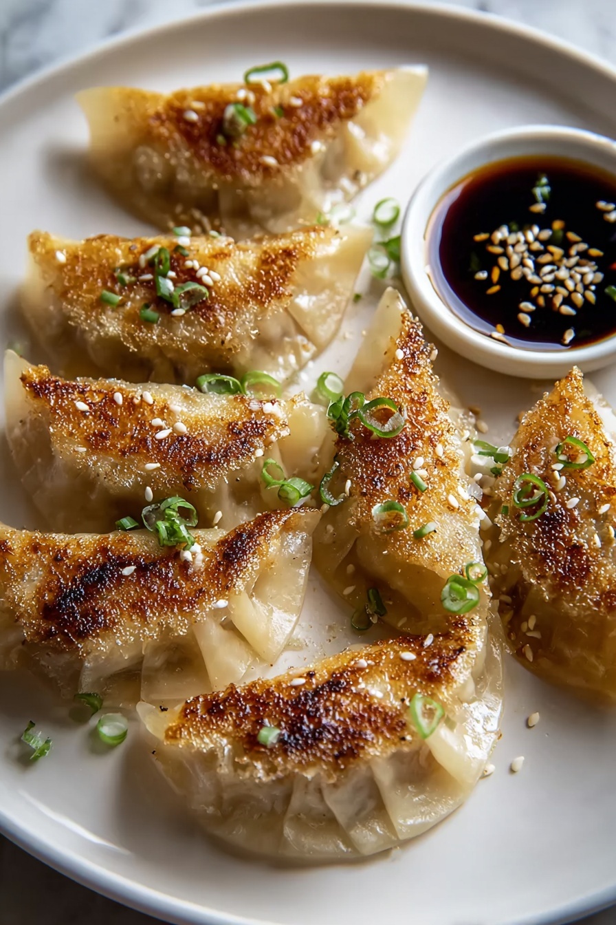 Crispy pan-fried dumplings with a dipping sauce.