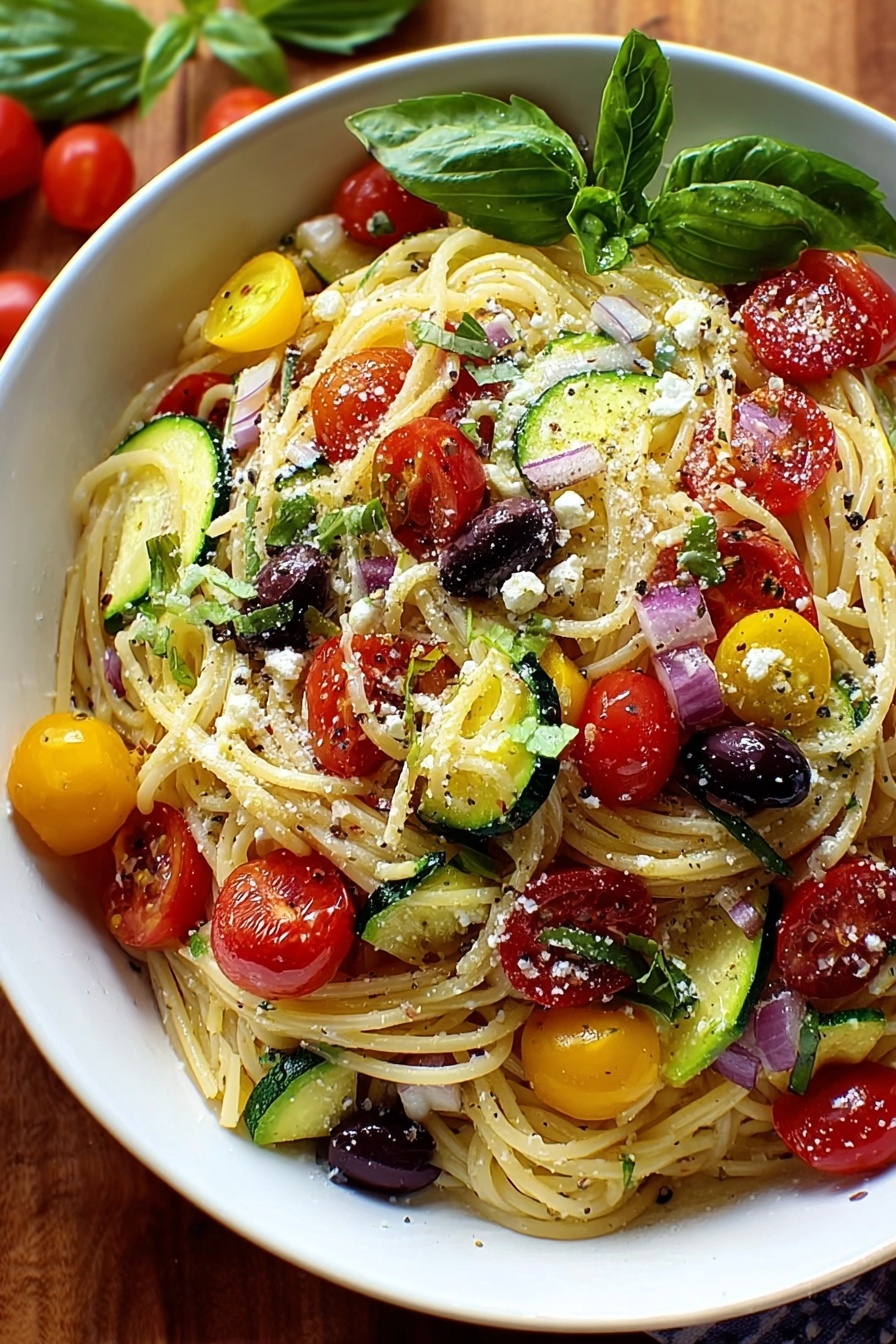 A bowl of spaghetti salad with tomatoes, zucchini, and olives.