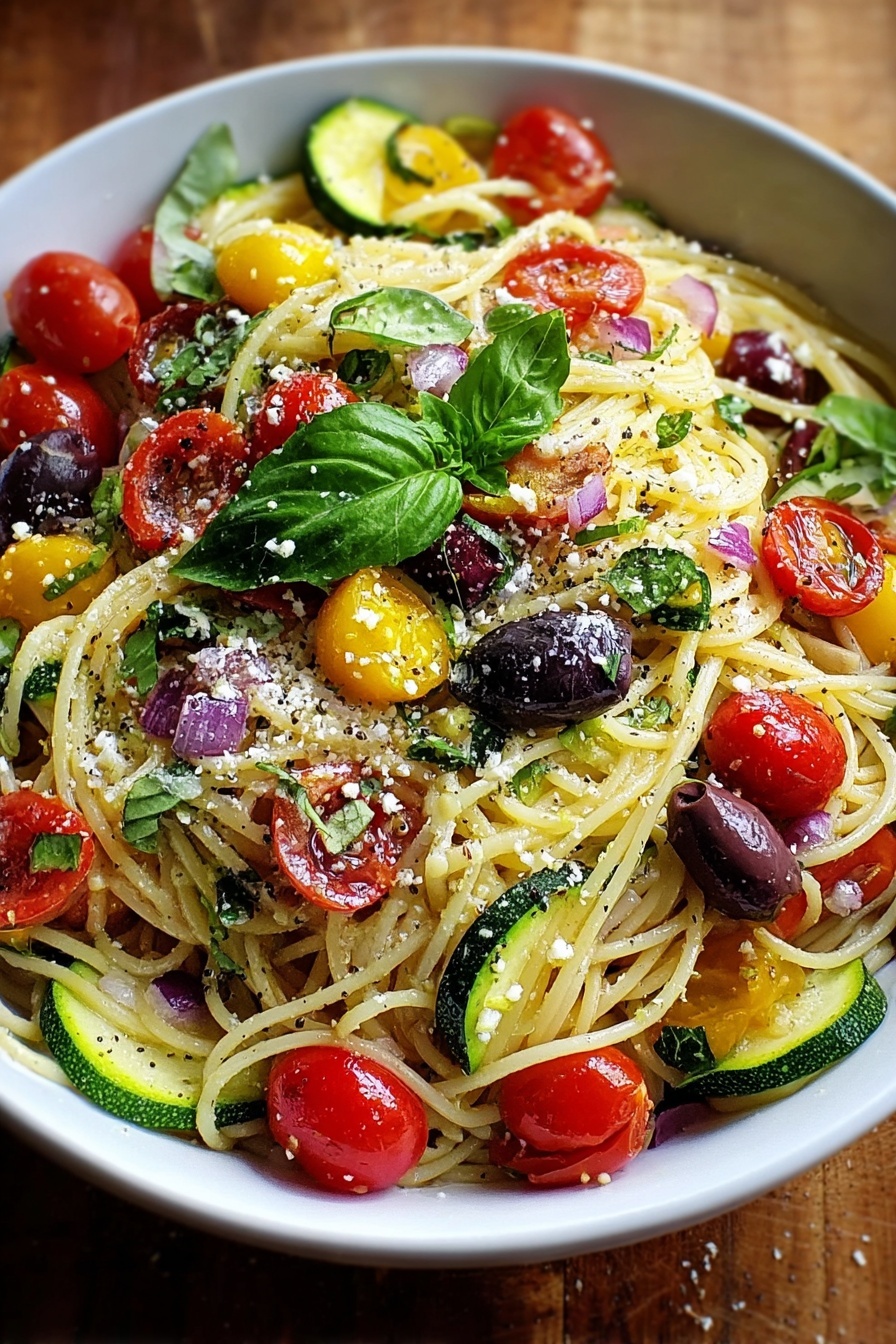 A bowl of Italian spaghetti salad with tomatoes, zucchini, and basil.