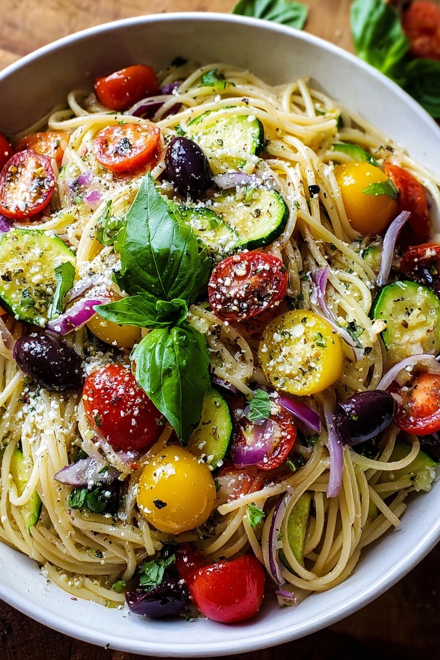 A bowl of spaghetti salad with tomatoes, cucumbers, and basil.
