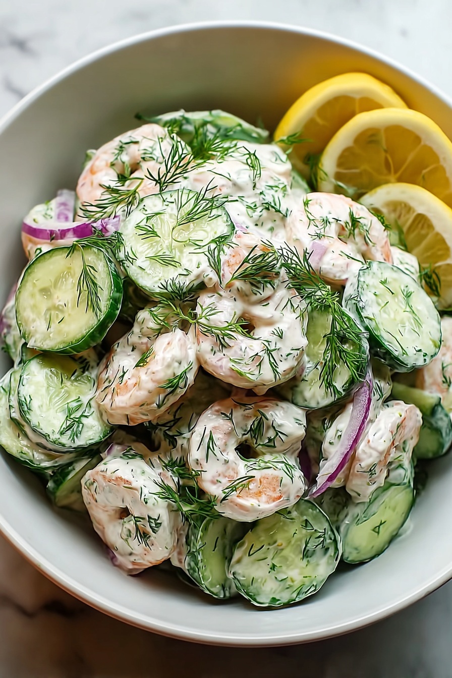 A bowl of creamy cucumber shrimp salad.
