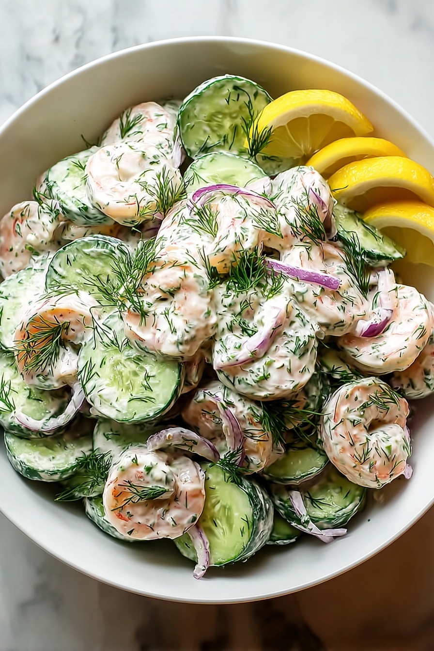 A bowl of shrimp salad with cucumbers and lemon wedges.