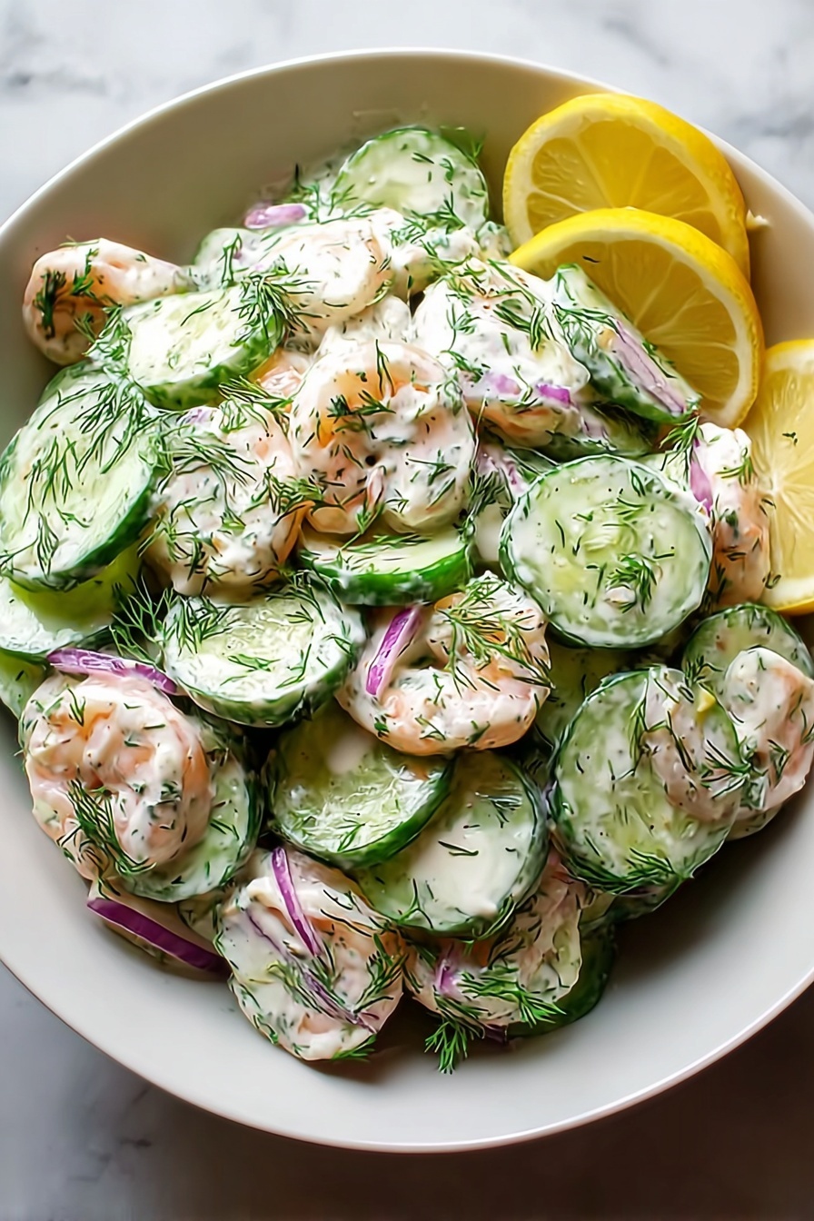 A bowl of creamy cucumber shrimp salad.