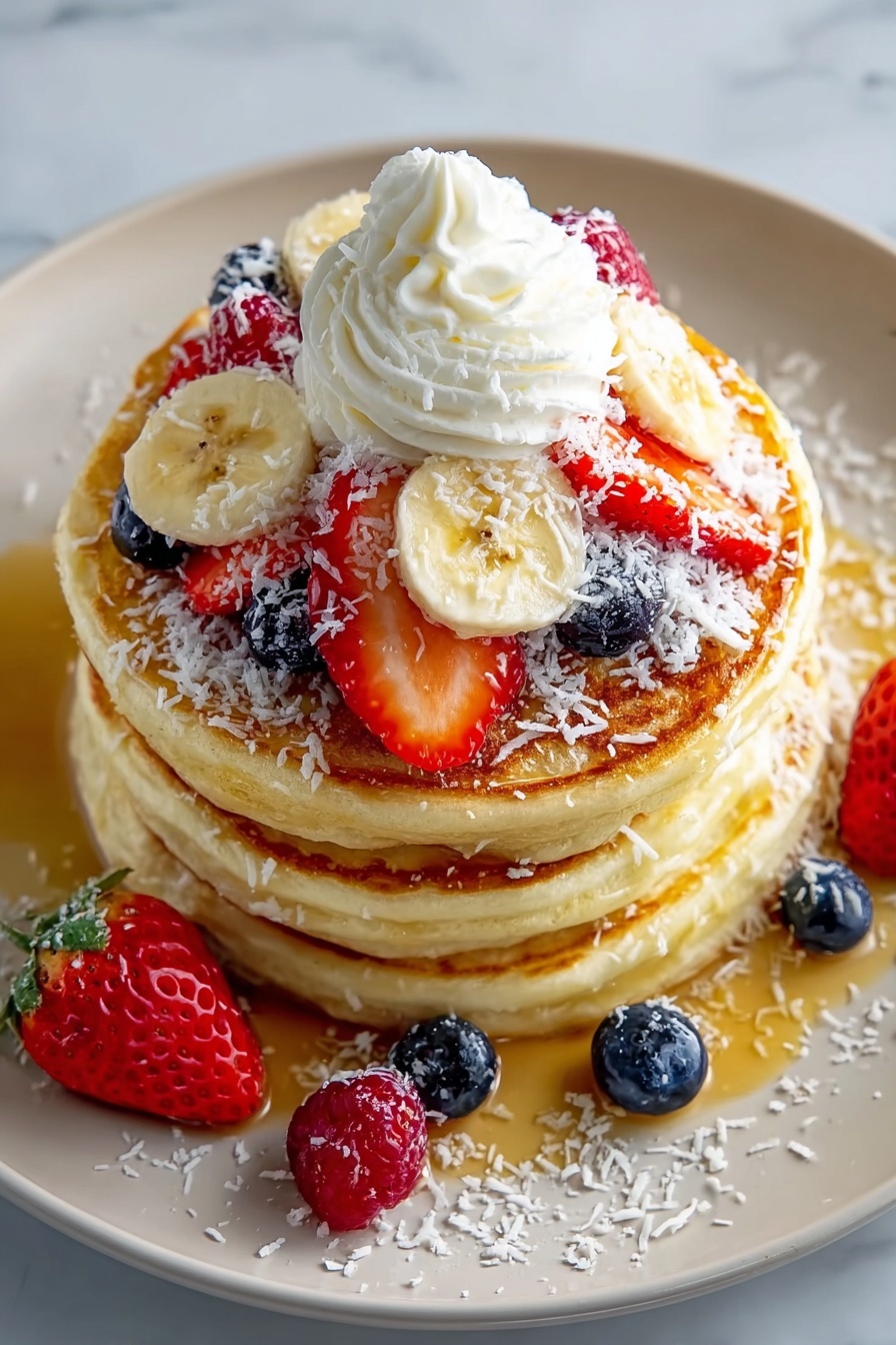 A stack of pancakes with bananas and strawberries on top.