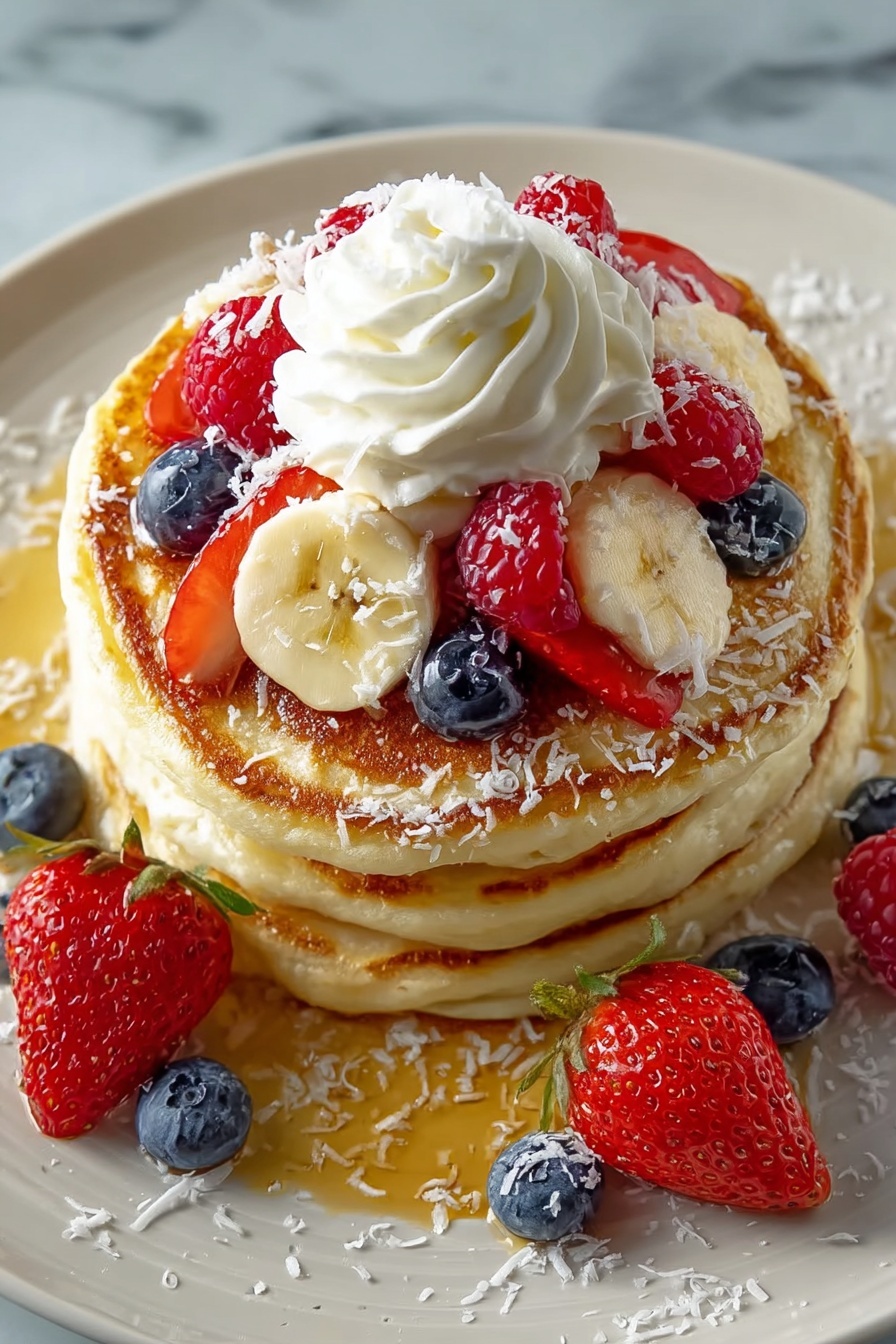 A stack of pancakes with bananas and strawberries on top.