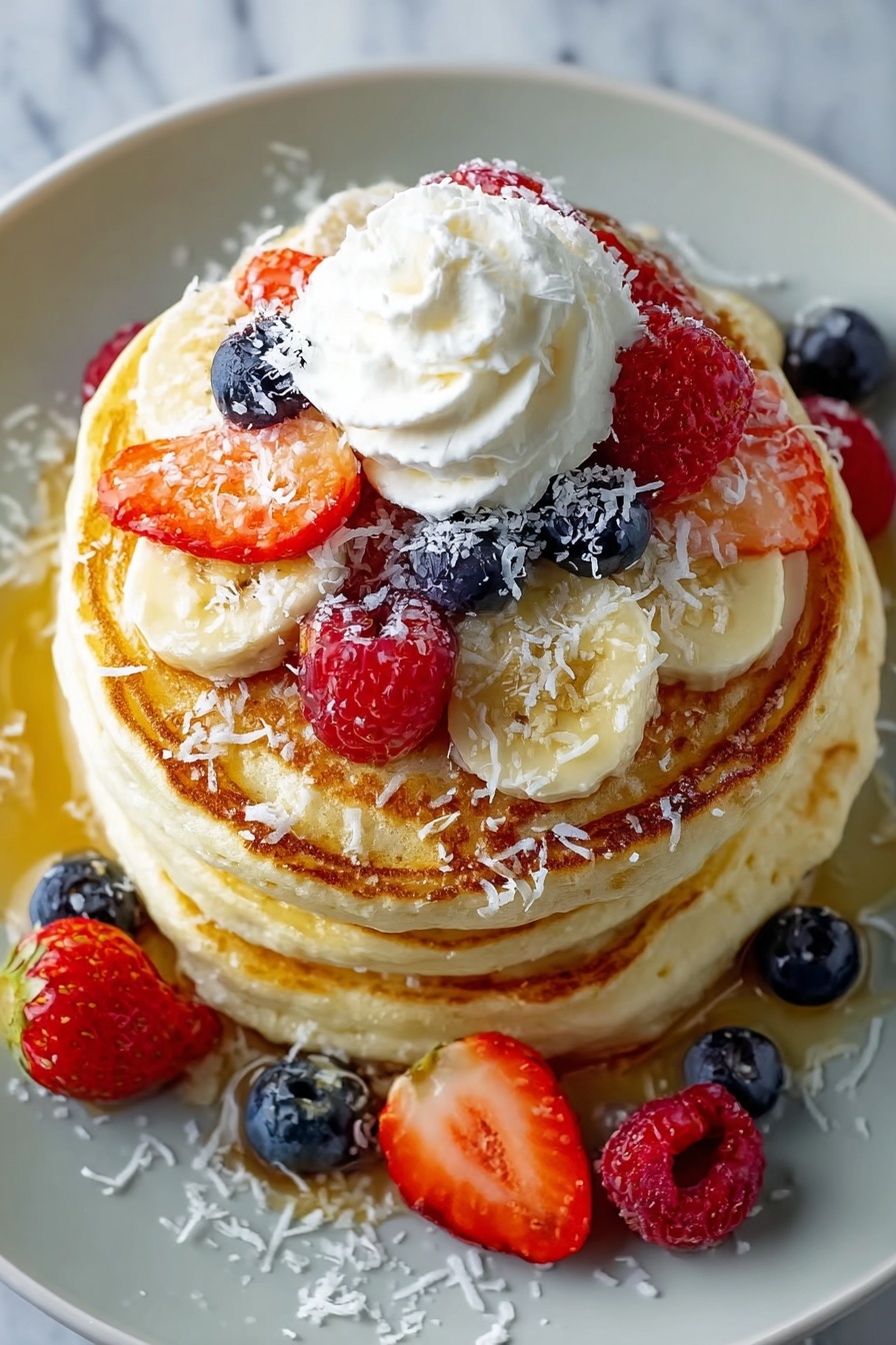 A stack of pancakes with bananas and strawberries on top.