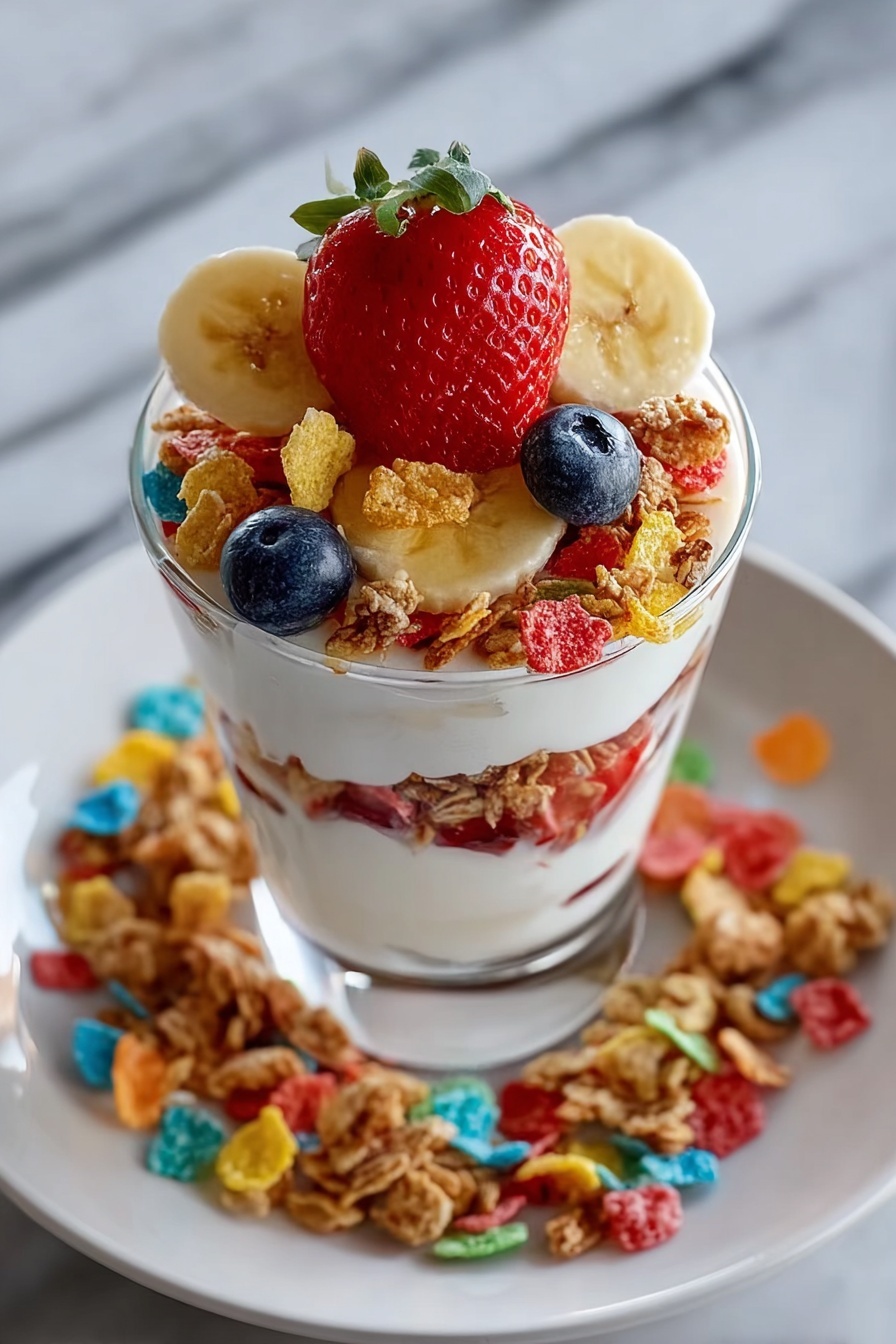 A glass of Fruity Pebbles Parfait.