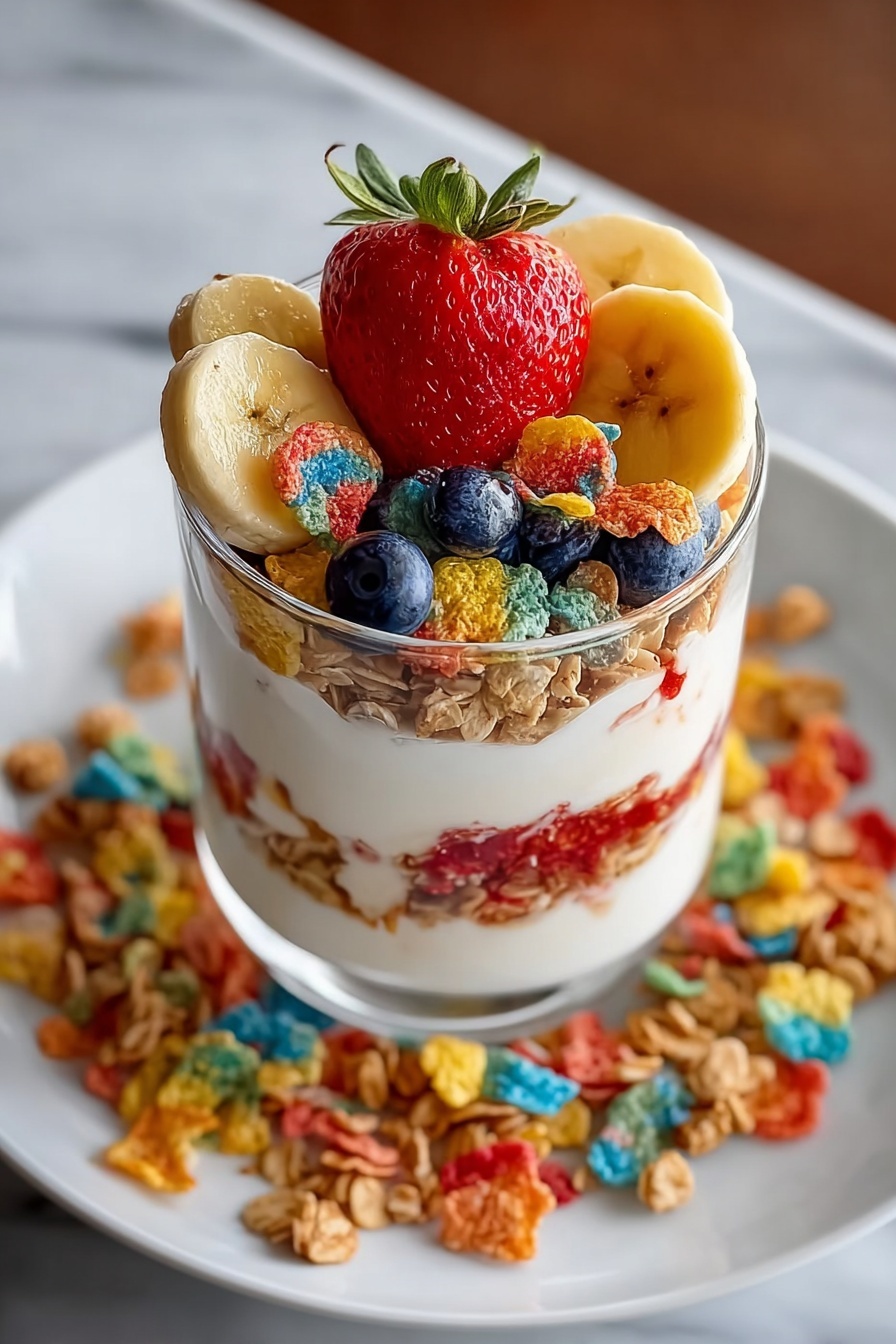 A glass of Fruity Pebbles Parfait.