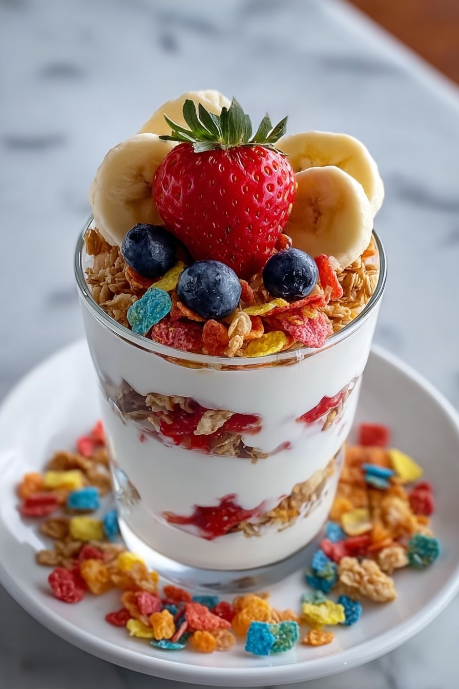 A glass of Fruity Pebbles Parfait.