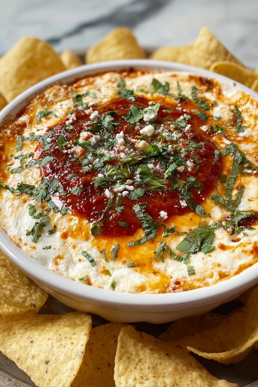 A bowl of cream cheese salsa dip with chips.