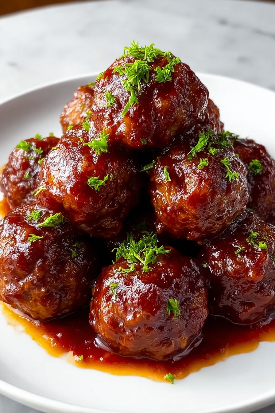 A plate of meatballs covered in a brown sauce.