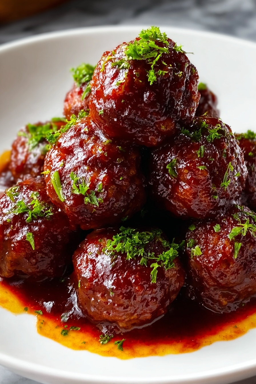 A plate of meatballs covered in a sauce.