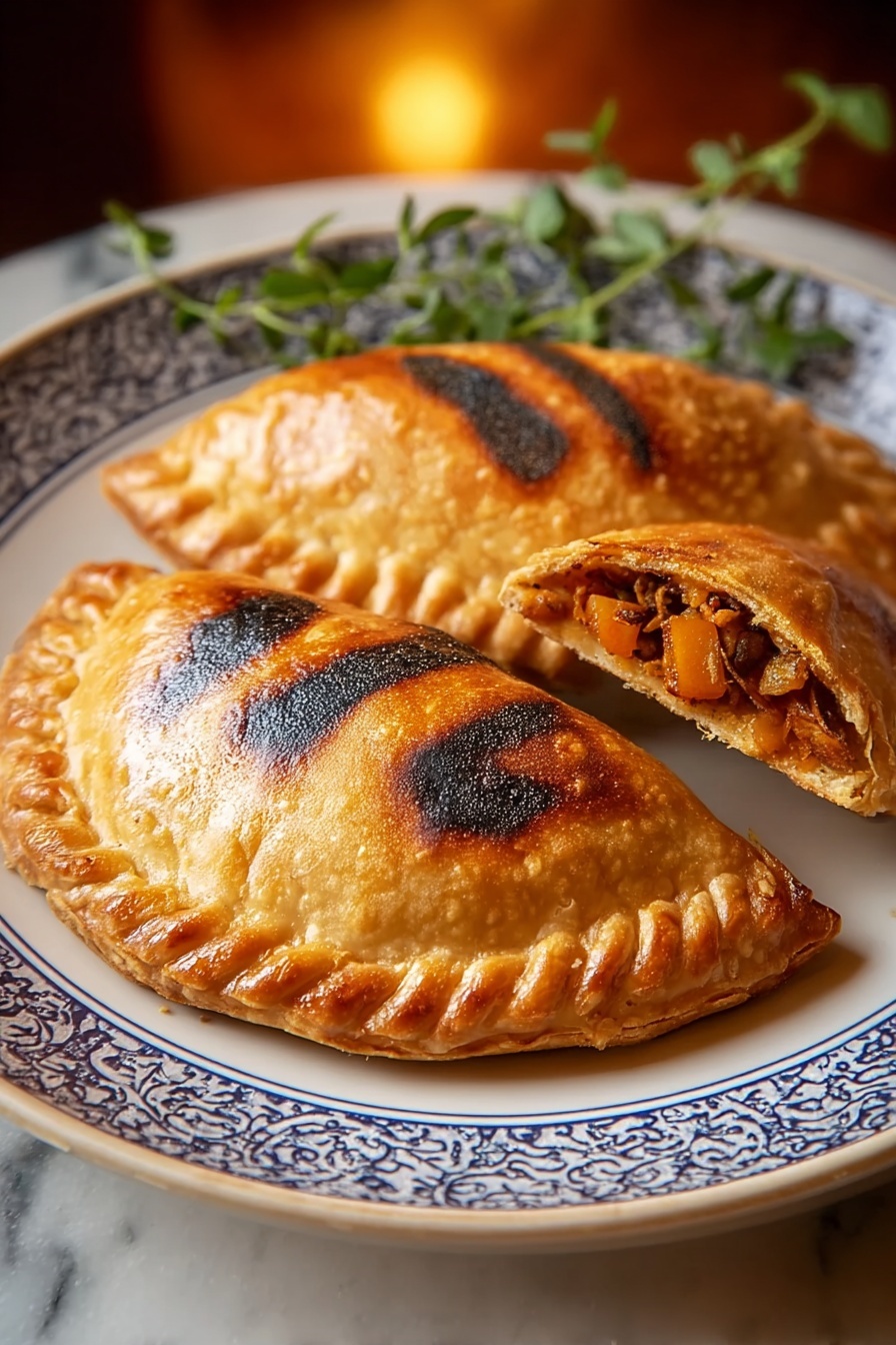 Two pastry items with black markings on a plate.