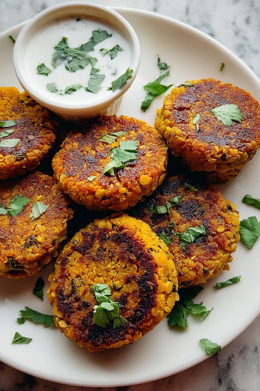 A plate of crispy sweet potato and red lentil patties.
