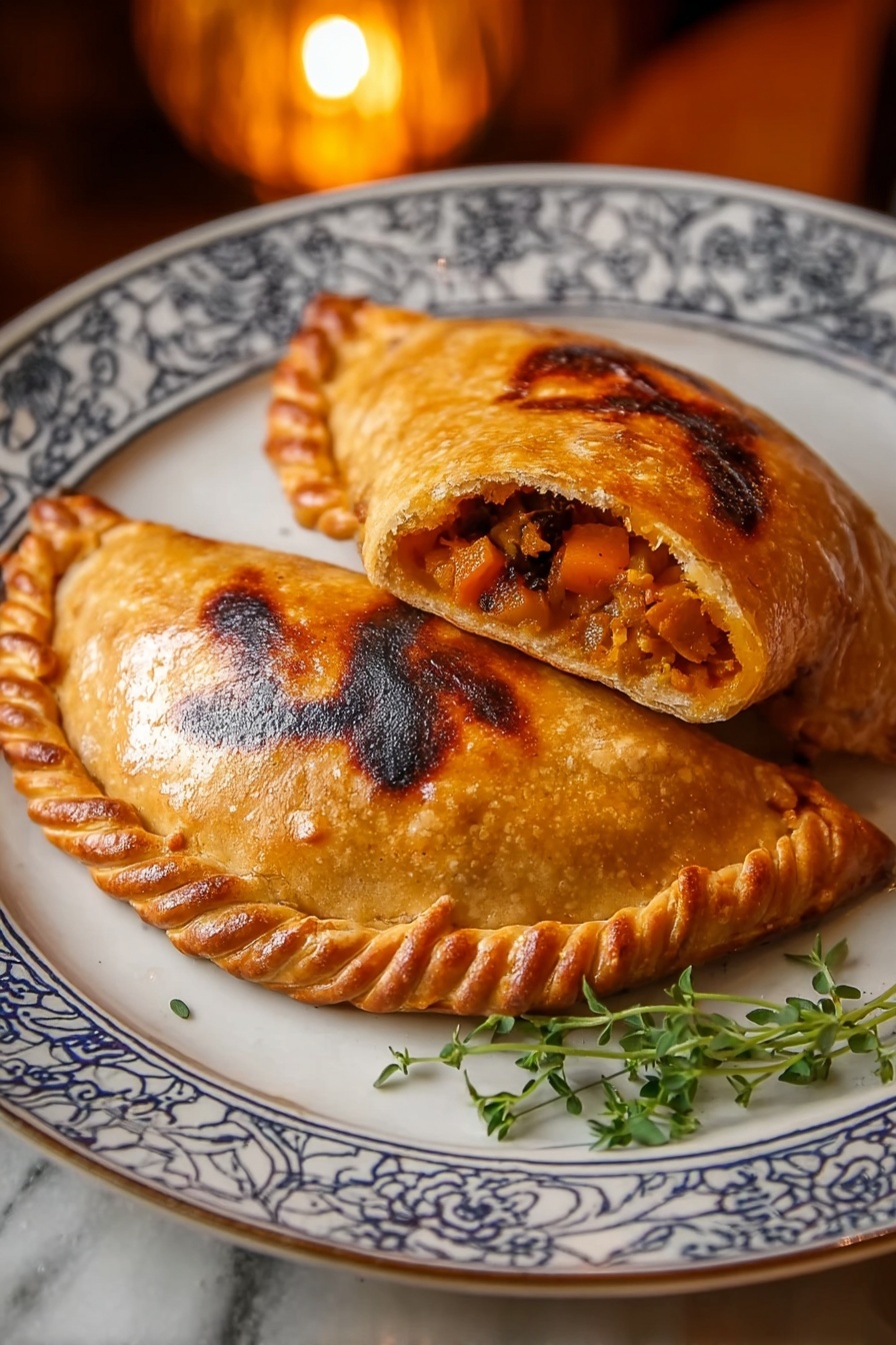 Two spiced baked pumpkin pasties on a plate.