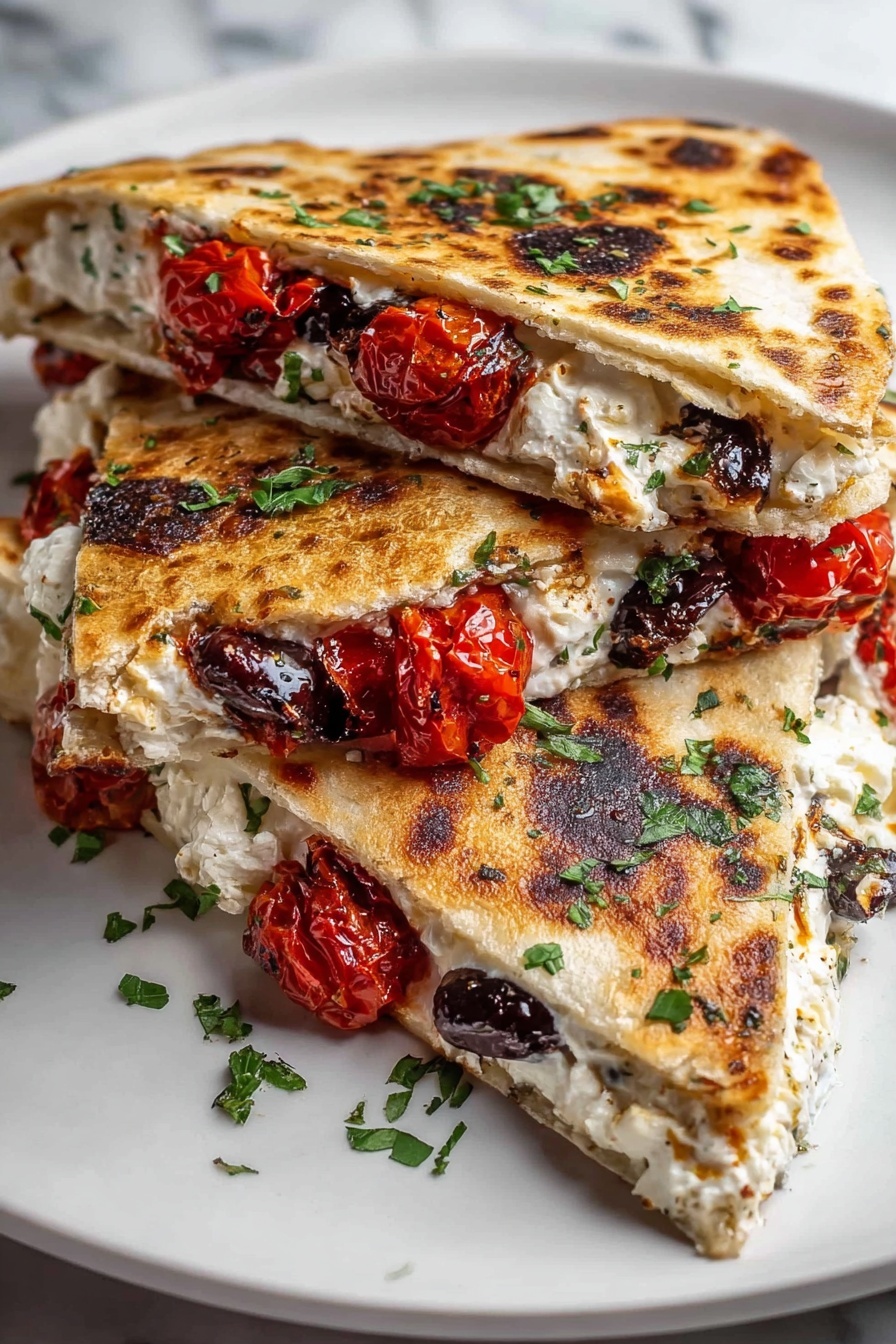 Grilled spicy Mediterranean quesadillas with tomatoes and olives.