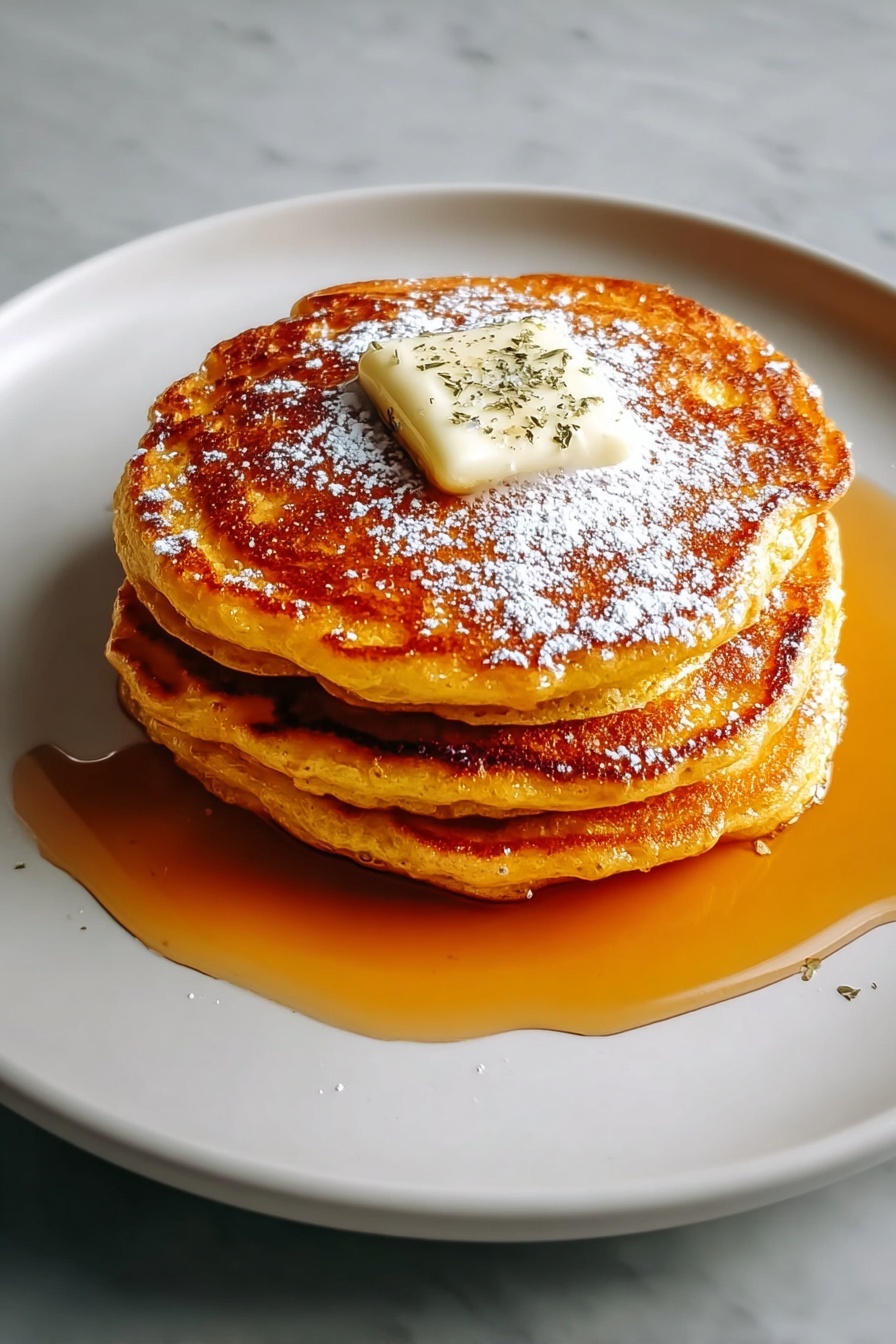 Fluffy pumpkin pancakes with butter and syrup.