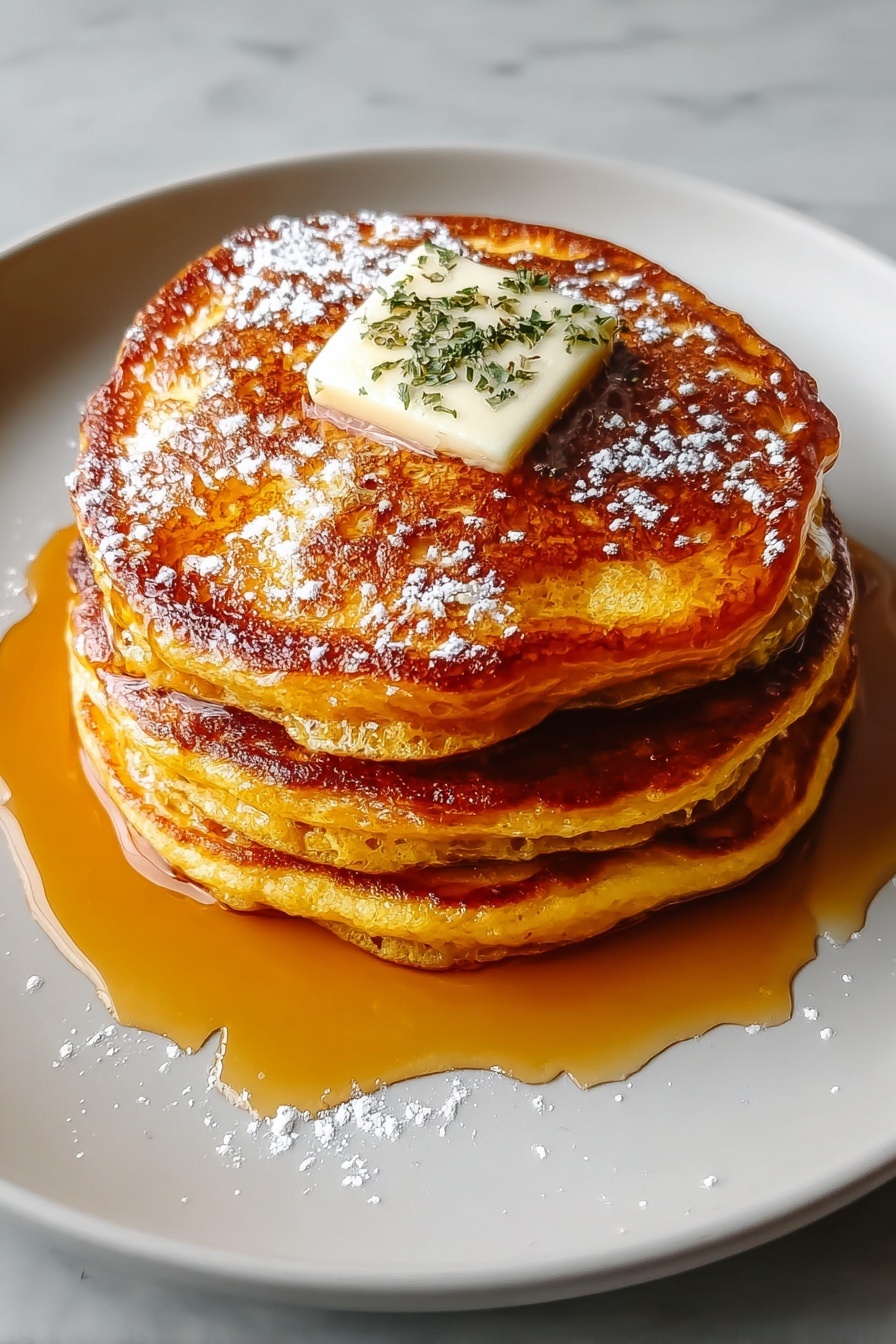 Fluffy pumpkin pancakes with butter and syrup.