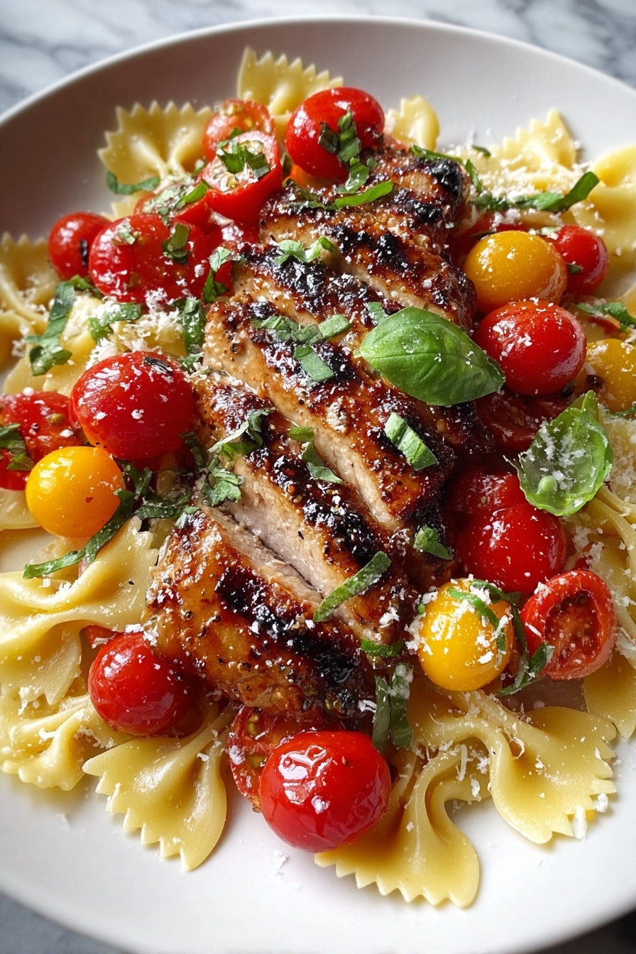A plate of food with chicken, tomatoes, and pasta.