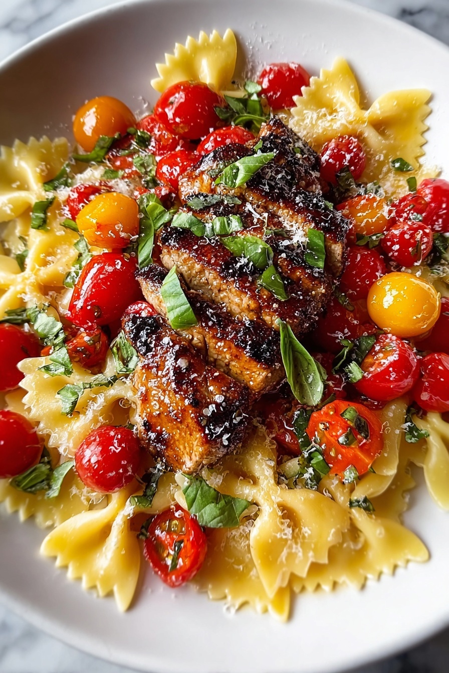 A plate of pasta with chicken and tomatoes.