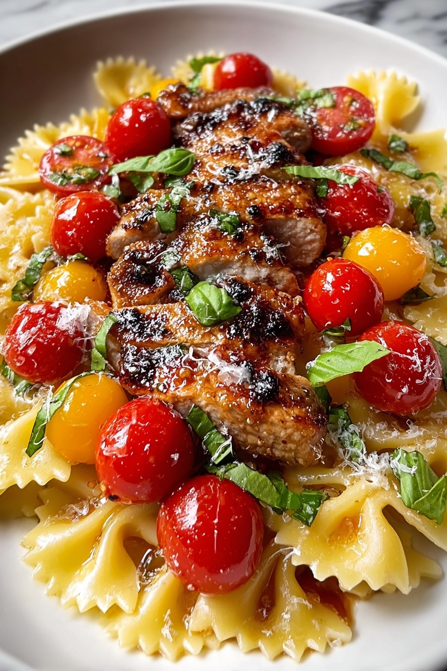 A plate of food with chicken, tomatoes, and pasta.