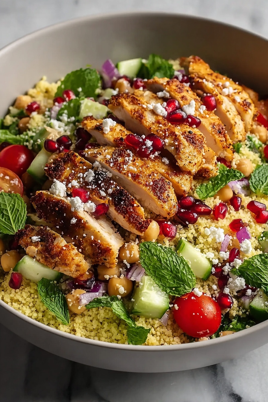 A bowl of chicken couscous salad.