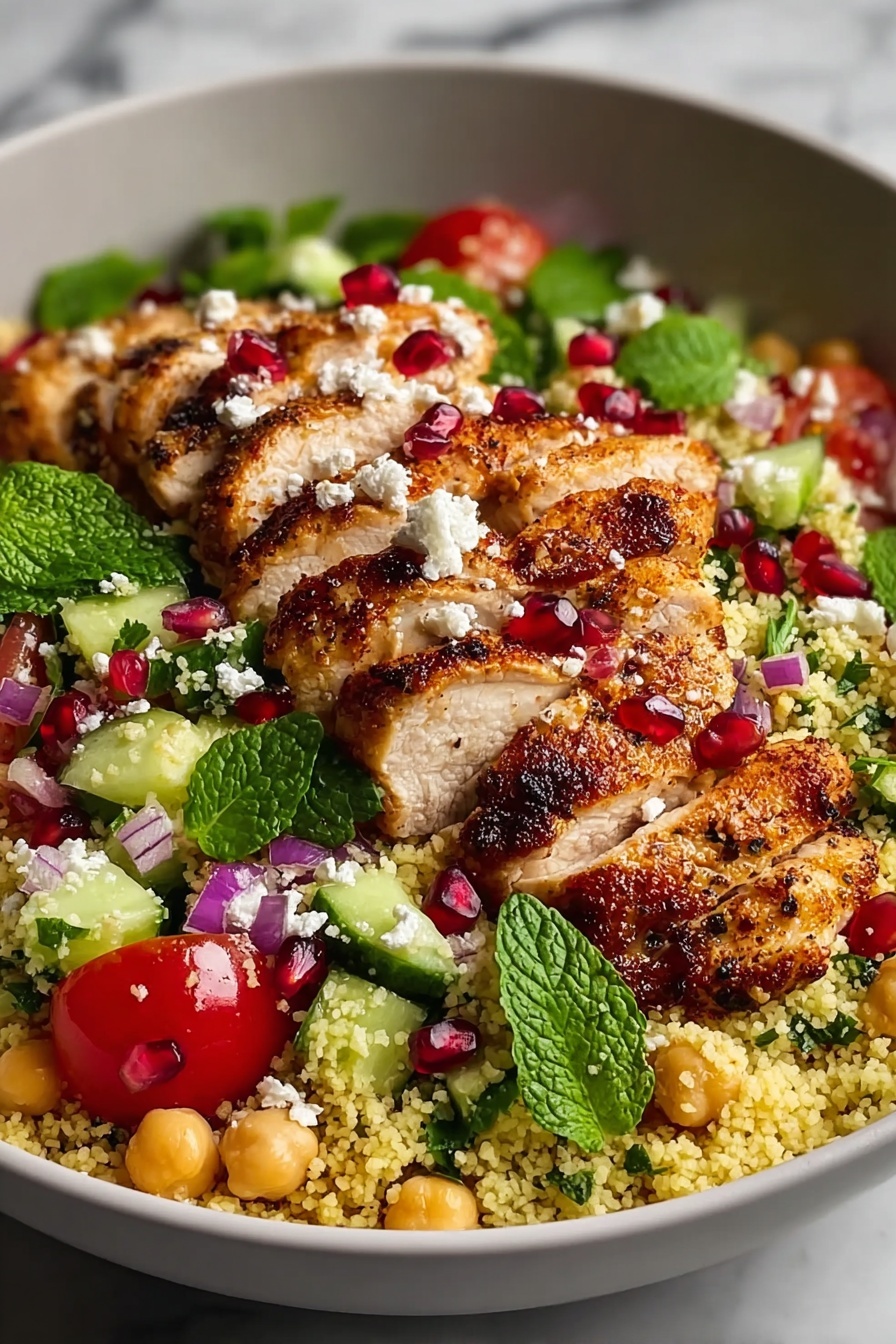 A close up of a chicken couscous salad.
