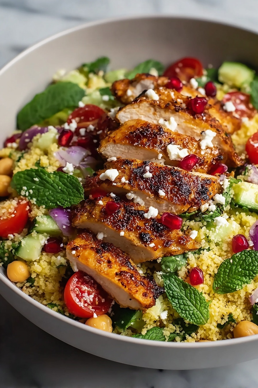 A bowl of chicken couscous salad.
