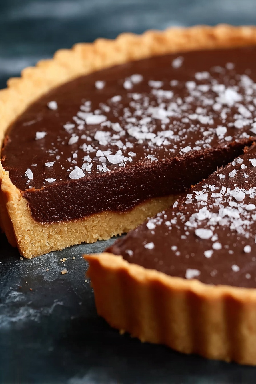 A slice of chocolate tart with salted caramel.