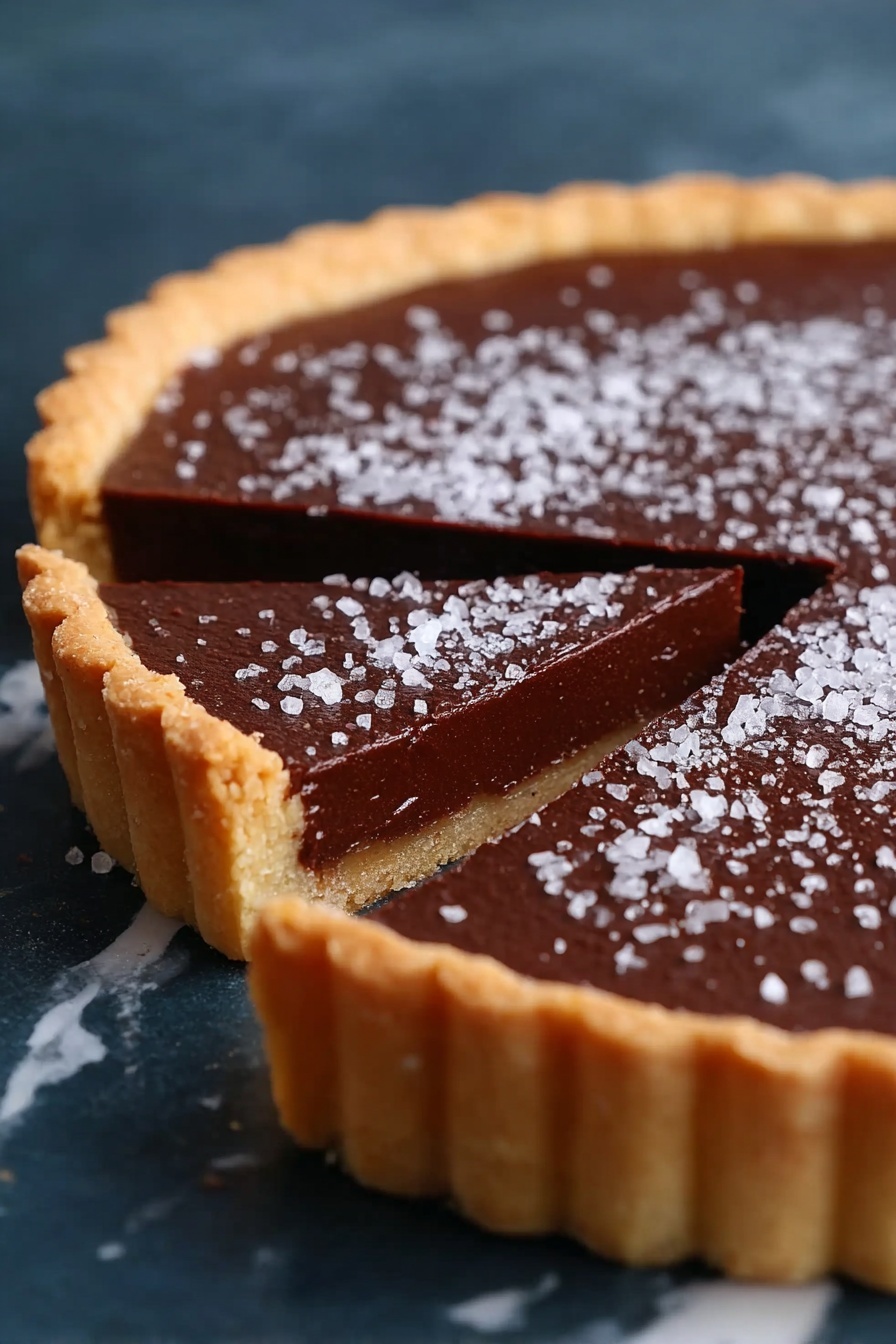 A slice of chocolate tart with a sprinkle of powdered sugar.