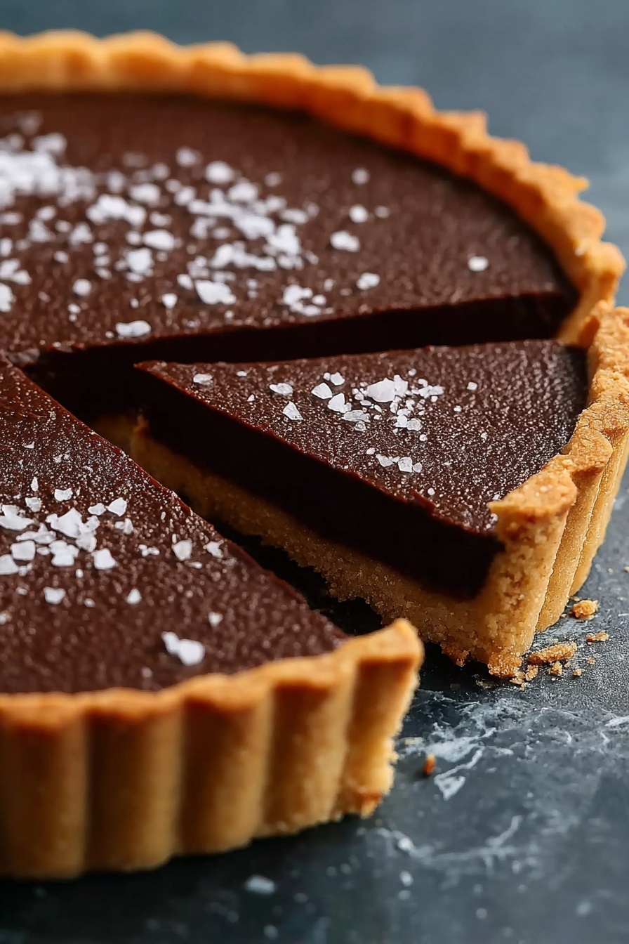 A slice of chocolate tart with salted caramel.