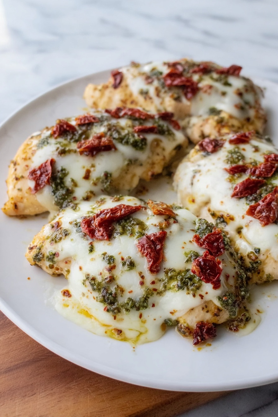 A plate of pesto chicken parmesan.
