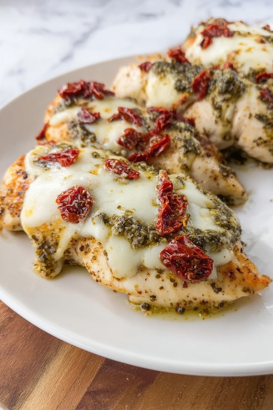 A plate of pesto chicken parmesan.