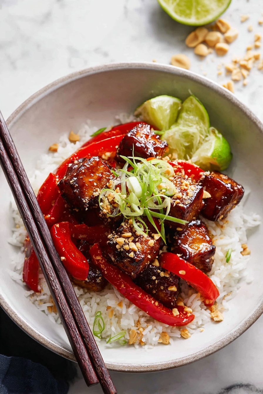 A bowl of sticky chicken with rice and lime.