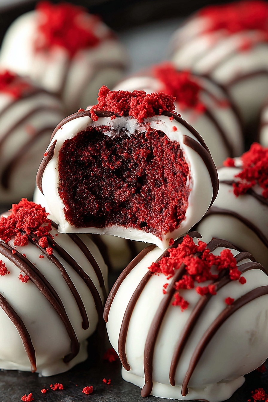A red velvet truffle with a bite taken out of it.