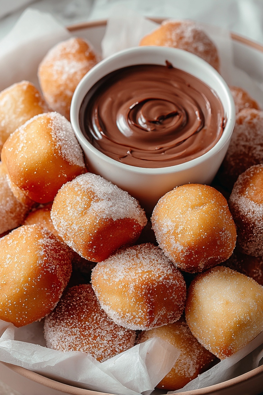 A bowl of churro bites with chocolate sauce.