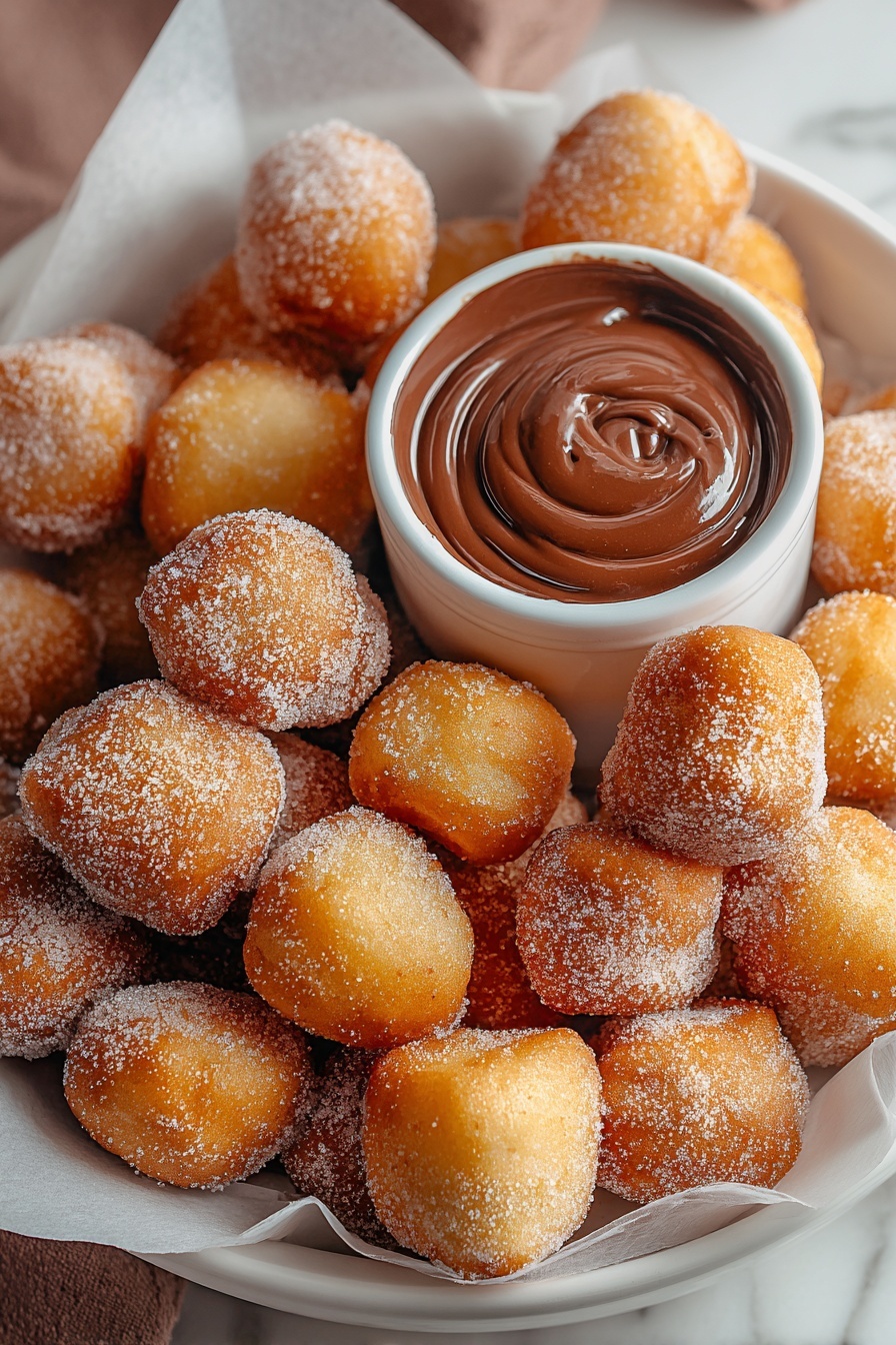 Air fryer churro bites with chocolate sauce.