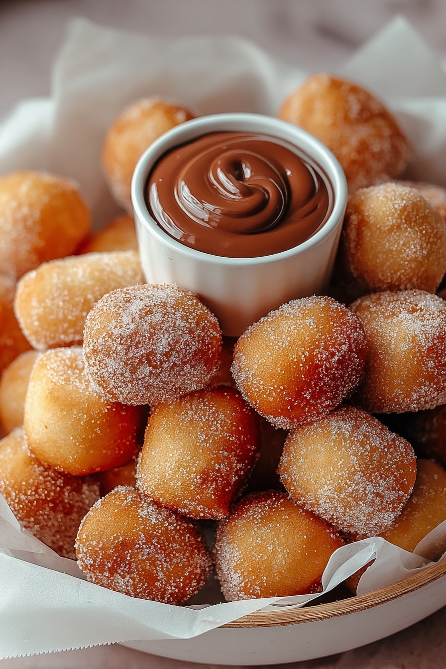 Air fryer churro bites with chocolate sauce.
