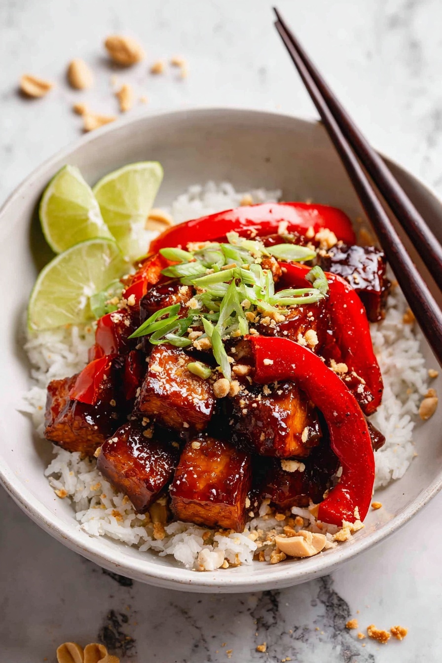 A bowl of sticky chicken with rice and vegetables.