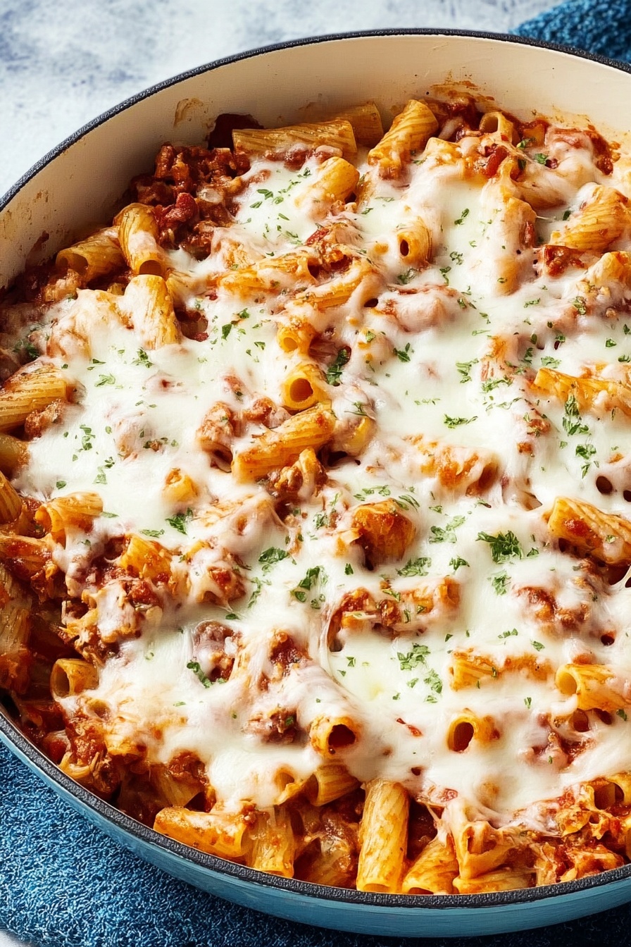 A dish of pasta with cheese and meat.