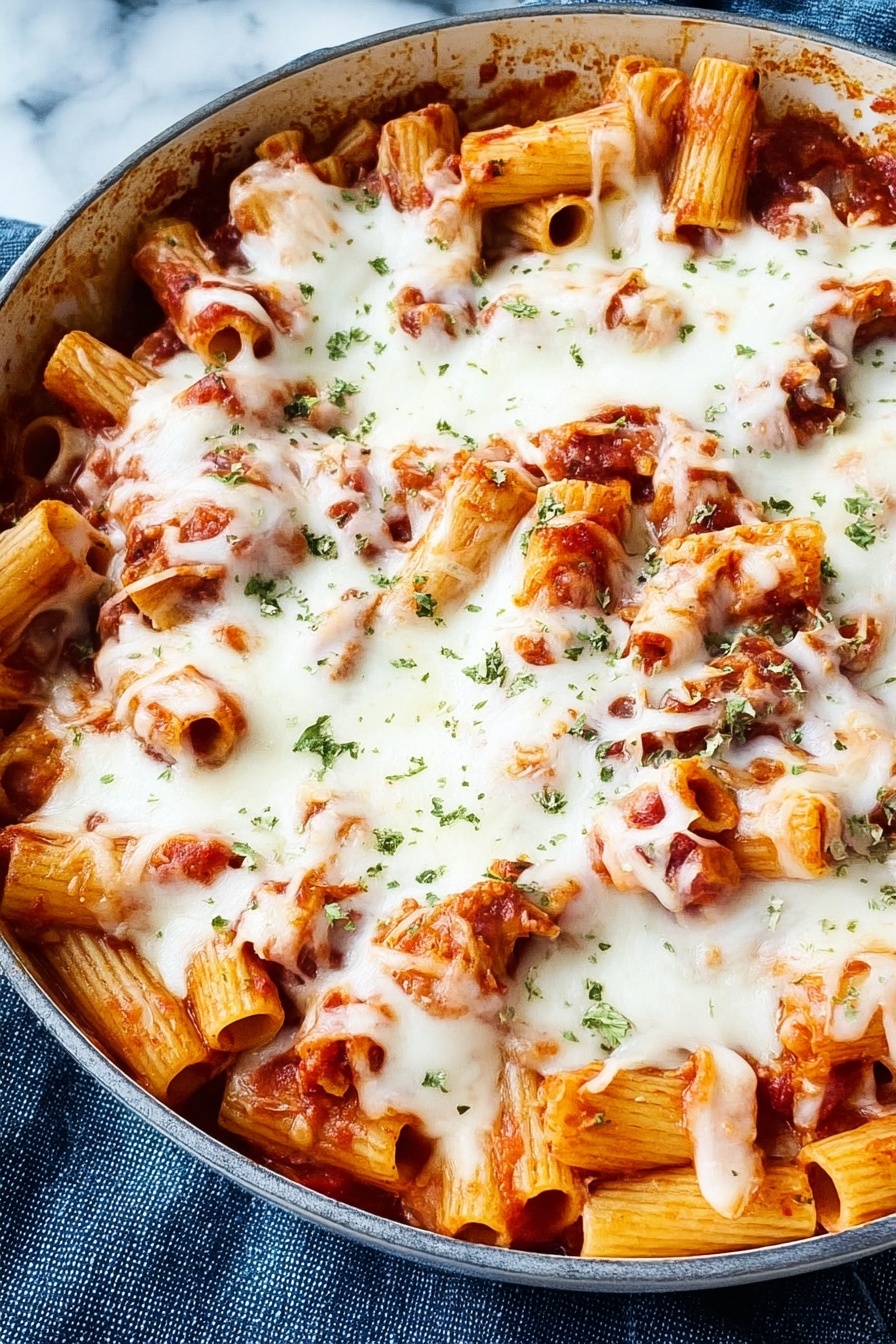 A dish of pasta with cheese and chicken.