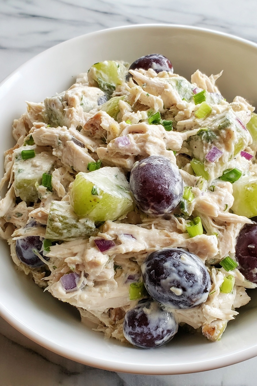 A bowl of chicken salad with grapes and walnuts.