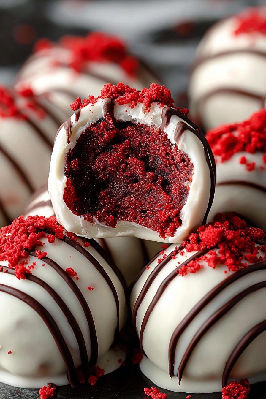 A red velvet truffle with white chocolate.