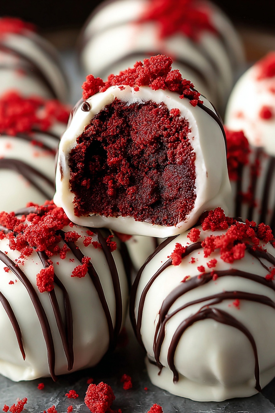 Red velvet truffles with white chocolate.