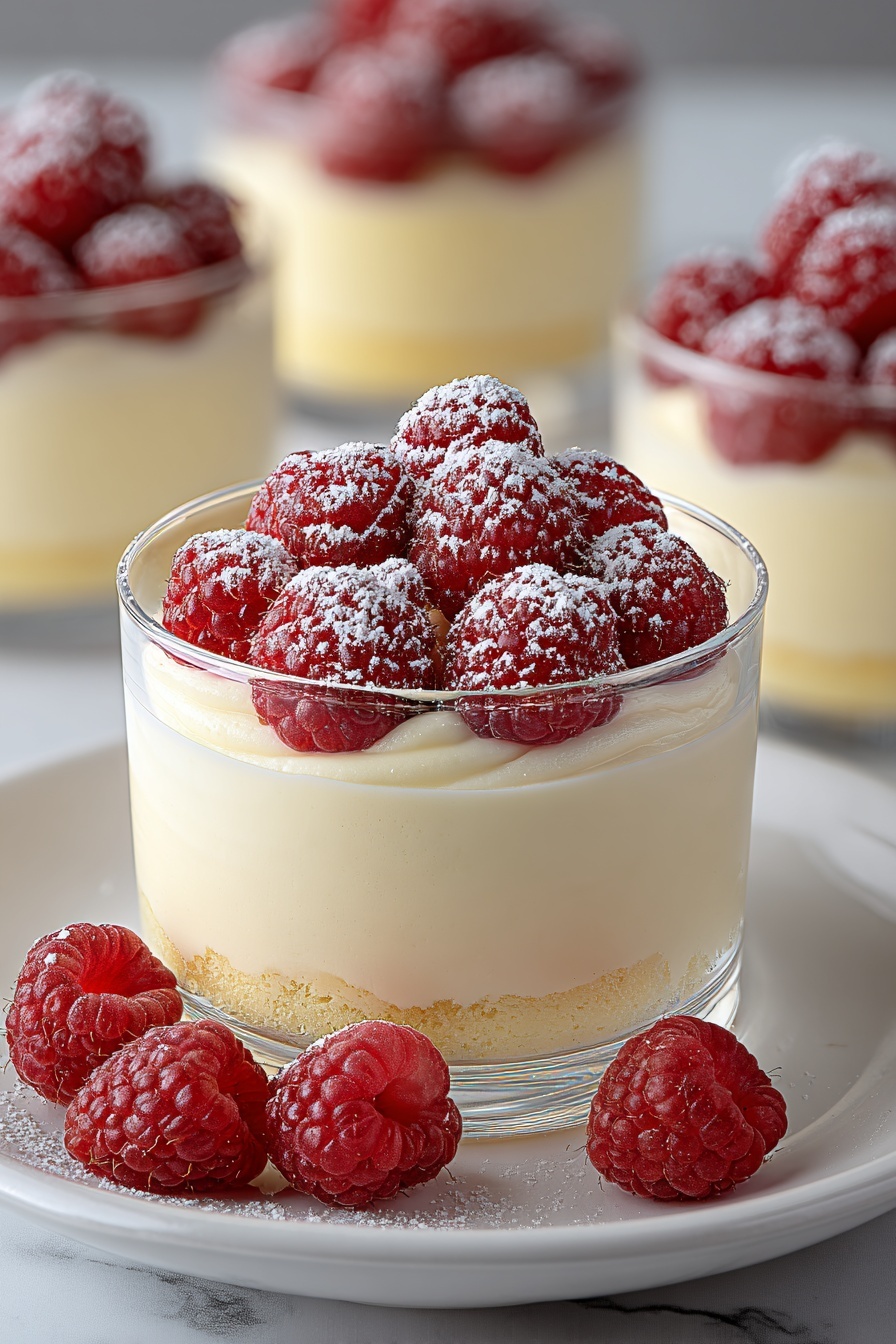 A glass of creamy no-bake jello cheesecake with raspberries on top.